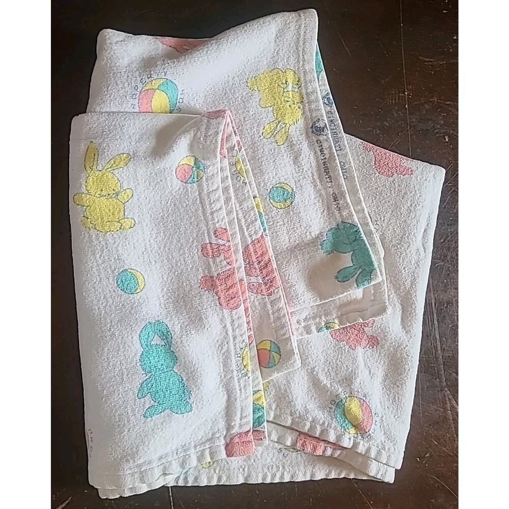 Vintage Bunnyland II hospital nursery unisex white baby blanket Cincinnati Ohio